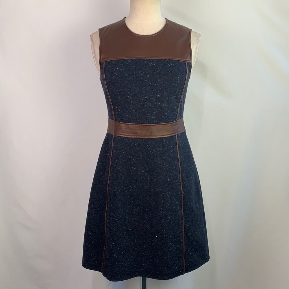 Theory blue tweed with brown lambs leather trim dress 0